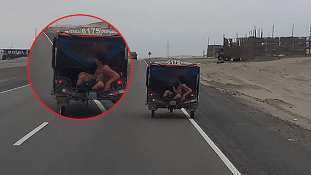 Pasajero viaja en tolva de motocicleta en plena Panamericana Norte [FOTOS]
