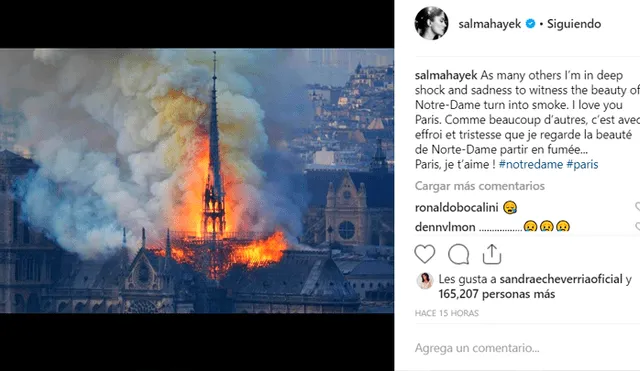 Salma Hayek impacta con reacción tras ver arder Notre Dame [VIDEO]