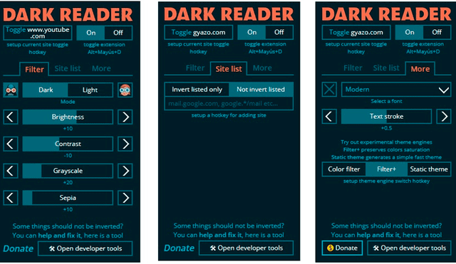 La extensión es completamente gratis y puedes configurar para seleccionar el modo oscuro que quieres tener en las webs. Foto: Dark Reader.