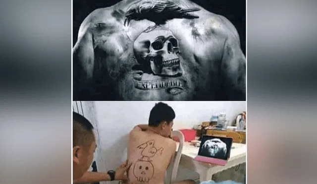 Un video viral de Facebook muestra el curioso tatuaje que hizo un inexperto tatuador en la espalda de su cliente.