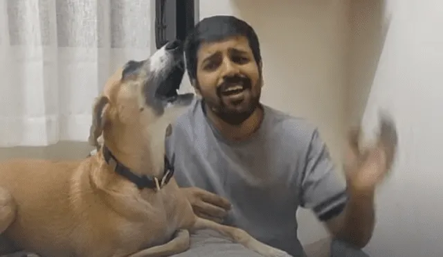 Video es viral en Facebook. Joven estaba haciendo ejercicios de calentamiento vocal, cuando su perra empezó a imitarlo mientras cantaba en diferentes tonos. Fotocaptura: YouTube