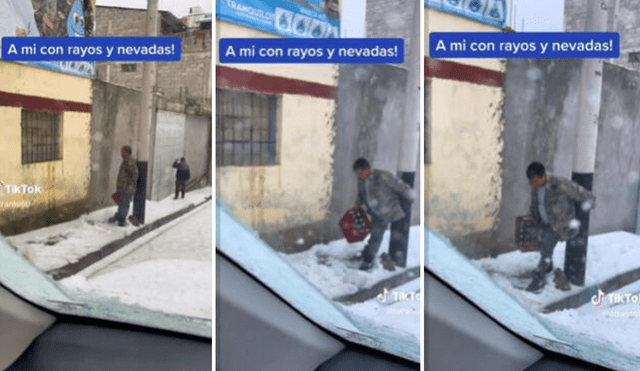 Peruano se quedó parado bajo el granizo huancaíno con su caja de cervezas. ¿Quería helarlas? Video: TikTok / @otranto50