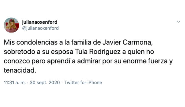 Diversas personalidades lamentaron la pérdida de Javier Carmona este 30 de setiembre. Foto: Captura Twitter