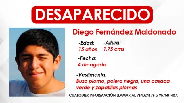 Diego Marcelo Esteban Fernández Maldonado desapareció en Chorrillos el 4 de agosto por la mañana.