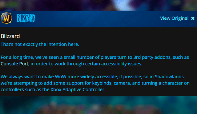 Comunicado de Blizzard confirmando que también se podrá usar el Xbbox Adaptative Controller para jugar World of Warcraft Shadowlands.