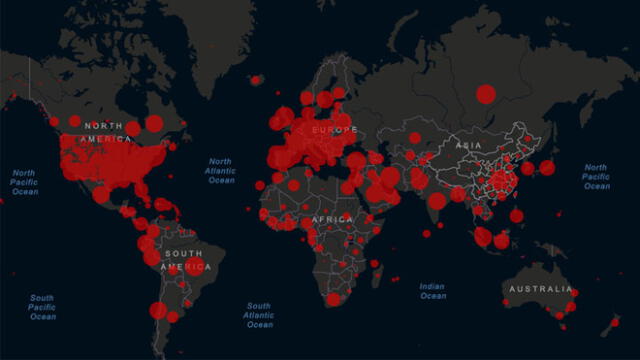 Mapa del coronavirus en el mundo por la Universidad Johns Hopkins. Foto: captura