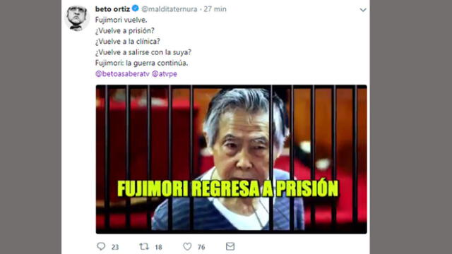 Beto Ortiz ironiza anulación del indulto a Alberto Fujimori con mensaje en Twitter