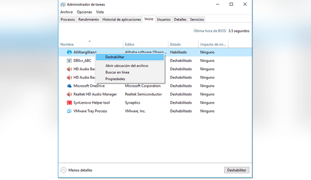 Desactiva el inicio automático de aplicaciones en Windows 10.