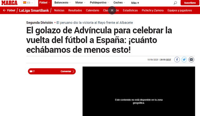 Luis Advíncula metió un golazo con el Rayo Vallecano hoy miércoles 10 en LaLiga SmartBank. Foto: Marca