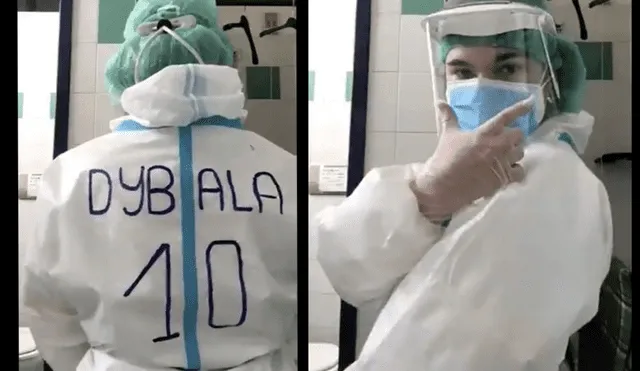 Paulo Dybala: enfermera pone el nombre del argentino encima de su traje de bioseguridad. Foto: AFP