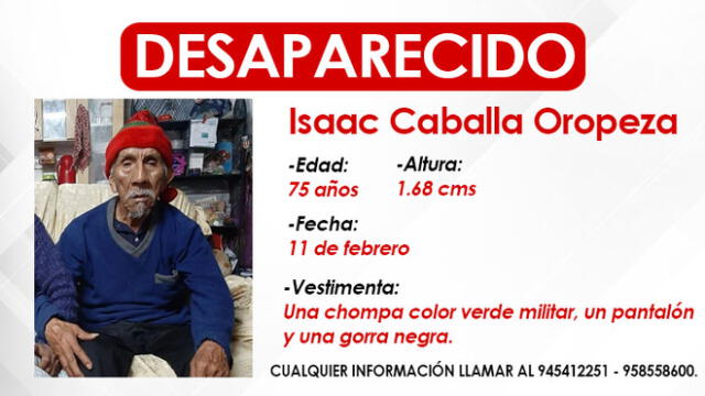 Isaac Caballa Oropeza (75) desapareció este último martes 11 de febrero.