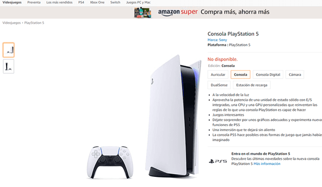 Aparece la consola PS5 junto al mando DualSense en Amazon, sin precio. Foto: Amazon.