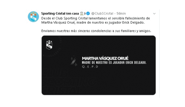 Sporting Cristal y Cantolao envían condolencias a Erick Delgado tras la pérdida de su madre.