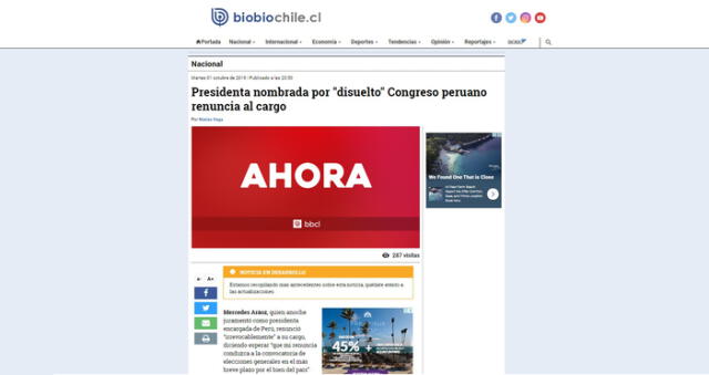 Prensa extranjera informa sobre renuncia de Mercedes Aráoz. Foto: Captura.