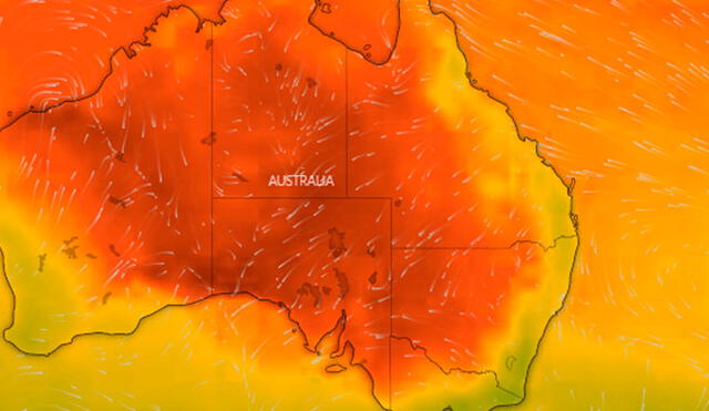 La temperatura monitoreada refleja una gran concentración térmica en el centro de Australia, acercándose a las principales ciudades, ubicadas en la costa Este. Crédito: Windy.com