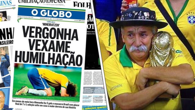 Las portadas de los periódicos de Brasil fueron dedicadas a la caída del su equipo ante Alemania. (Foto: Composición Clases De Periodismo y BBC Sport)