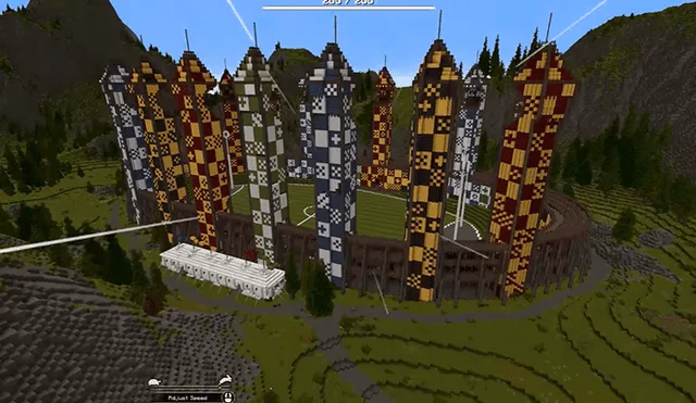 Vista panorámica del campo de Quidditch dentro de Minecraft.