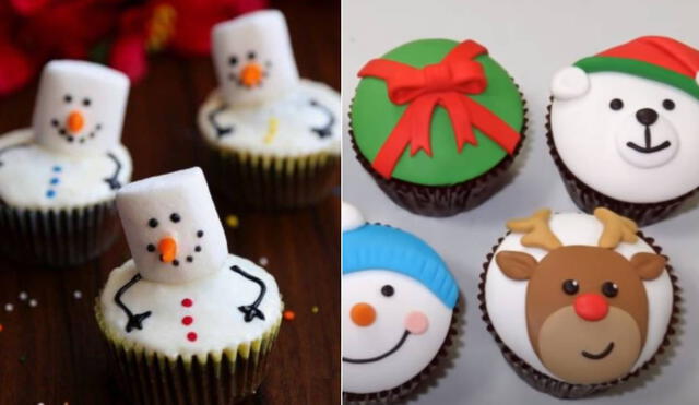 Los cupcake navideños pueden decorarse con marshmallow o esferas de chocolate. Foto: composición Pinterest y Youtube