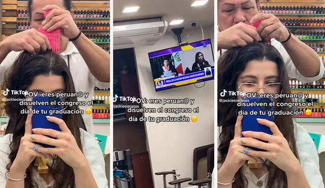 Mientras el encargado le arreglaba el cabello, ella escuchó las noticias y se enteró que ya no se iba a poder graduar. Foto: composición LR/TikTok/@jackiesierasss