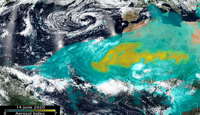 Muestra una enorme nube de polvo del Sahara que se formó a partir de fuertes corrientes ascendentes atmosféricas, apuntó la NASA. Foto: captura
