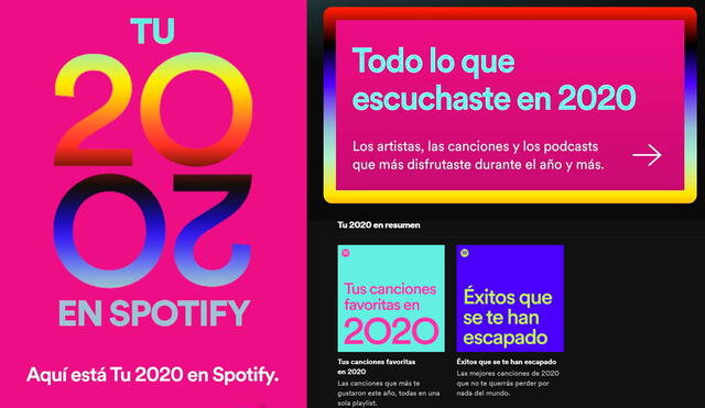 Así luce el nuevo apartado Wrapped de Spotify para 2020, un detallado resumen de lo que más escuchaste en el año. Foto: Spotify, composición