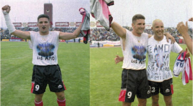 Luis Fabián Artime festeja uno de sus 24 goles con Melgar junto al uruguayo Mauricio "El loco"  Martínez