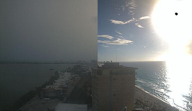 A la izquierda, una imagen tomada a las 07:41 a. m. de este 24 de junio desde el hotel Palace Resort, en Cancún; a la derecha, una captada en el mismo lugar y a la misma hora, el 16 de junio. Foto: Webcams de México