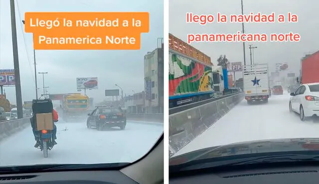 Mientras más avanzaban, los peruanos veían todo blanco las pistas y pensaron que estaba ‘nevando’. Foto: composición LR/TikTok/@detailsayv/@angiecg09