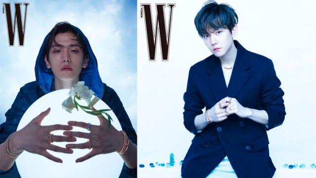 EXO: Baekhyun viste cazadora y camisa azul de Tod's. Derecha: Total look de Prada. Joyería Cartier.  Wkorea. Mayo, 2020.