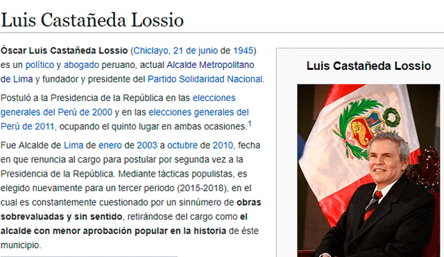 Facebook: vandalizan biografía de Luis Castañeda Lossio en Wikipedia y añaden polémica descripción