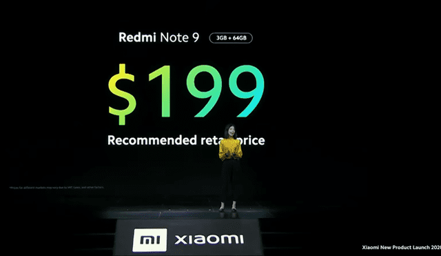 El Redmi Note 9 de 3 GB RAM + 64 GB ROM a 199 dólares.