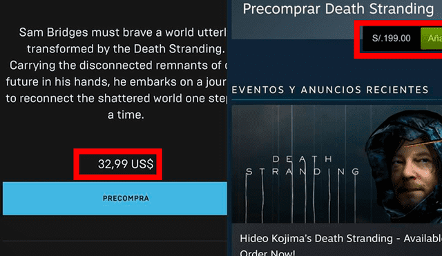 Precios de Death Stranding en Epic Games Store (izquierda) y Steam (derecha), casi 30 dólares de diferencia.