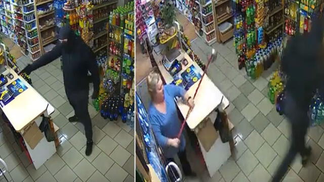 Ladrón armado ingresa a tienda y la dueña lo espanta con un trapeador [VIDEO]