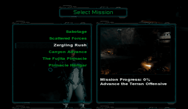 La sección de misiones dentro de Starcraft Ghost.