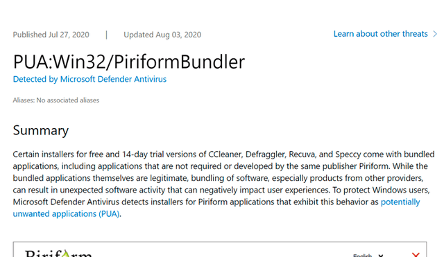 Microsoft señala que muchos instaladores de CCleaner intentan instalar programas adicionales; sin embargo, lo hacen con el permiso del usuario. Imagen: Microsoft.com