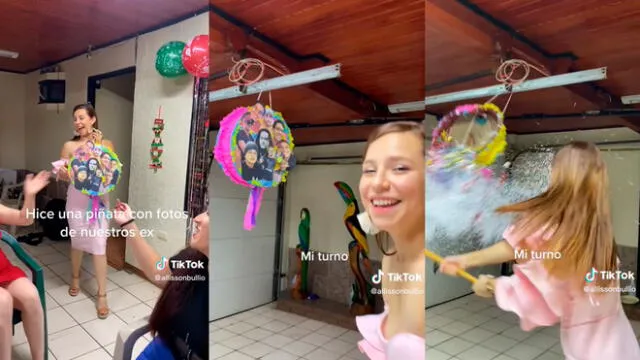 Joven rompe de un solo golpe la piñata con las fotos de sus exparejas. Foto: composición LR/captura de TikTok @alissonbullio