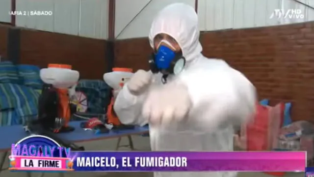 Jonathan Maicelo incursiona en el negocio de la fumigación y desinfección ante la crisis por el coronavirus.