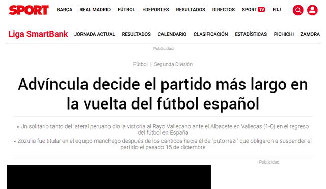 Luis Advíncula metió un golazo con el Rayo Vallecano hoy miércoles 10 en LaLiga SmartBank. Foto: Sport