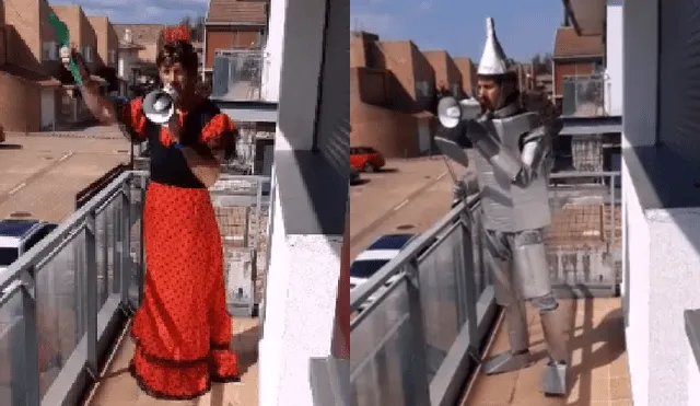 Hombre canta disfrazado desde su balcón para animar a sus vecinos en cuarentena [VIDEO]