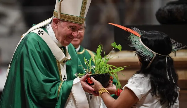 Pope Francis (L) receives a plant offered by an Amazon native as he celebrates the closing mass of the Synod on Amazonia on October 27, 2019 at the Saint Peter's Basilica in the Vatican. (Photo by Andreas SOLARO / AFP)