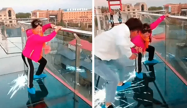 En Facebook, una señora se llevó el susto de su vida al cruzar un gigantesco puente de vidrio en China.