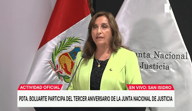Dina Boluarte se pronunció en el tercer aniversario de la Junta Nacional de Justicia. Foto: captura TV Perú