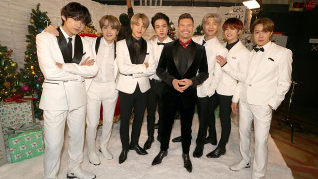 Mandatory Credit: Photo by Christopher Polk/Variety/Shutterstock (10493557a)
Ryan Seacrest and boy band BTS
KIIS-FM iHeartRadio Jingle Ball, Backstage, The Forum, Los Angeles, USA - 06 Dec 2019