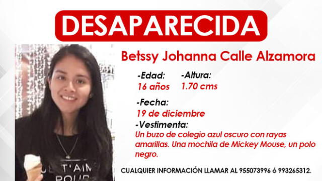 Buscan a adolescente que está desaparecida desde ayer, jueves 19 de diciembre. Créditos: La República.