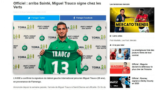 Así informaron los medios franceses sobre la incorporación de Miguel Trauco en el Saint Étienne.