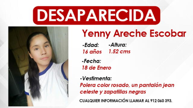 Yenny Areche Escobar tiene 16 años y desapareció el 18 de julio.