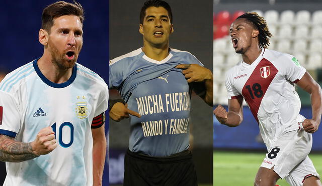 Lionel Messi, Luis Suárez y André Carrillo marcaron para sus selecciones en la primera fecha de las Eliminatorias. Composición: AFP