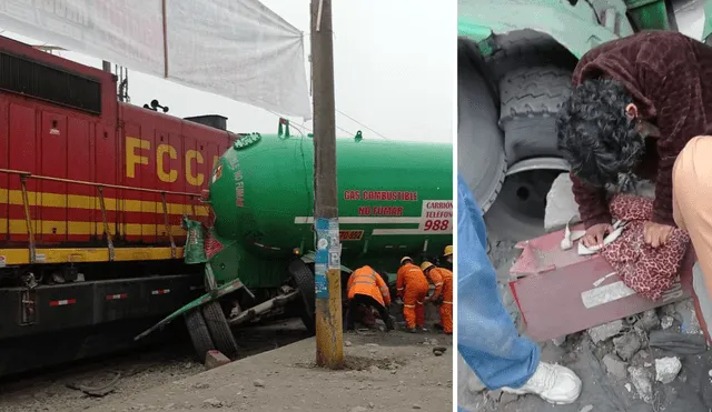 Huachipa: persona queda atrapada debajo de camión cisterna de gas que colisionó con tren | Carretera Central | Ate. Foto: composición LR/capturas de Facebook/Ruben Marchand