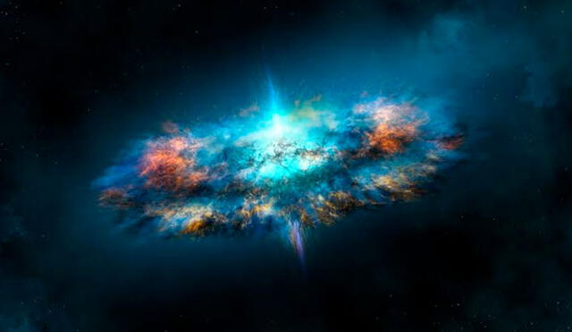 Dos estrellas de neutrones se fusionaron en una violenta colisión, lo que probablemente dio origen a un agujero negro. Impresión artística.