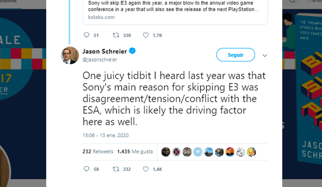 “Un pequeño datito que escuché el año pasado fue que la razón principal para Sony de saltarse el E3 eran desacuerdos, tensiones y conflictos con la ESA, el cual podría ser todavía el factor ahora (2020).”